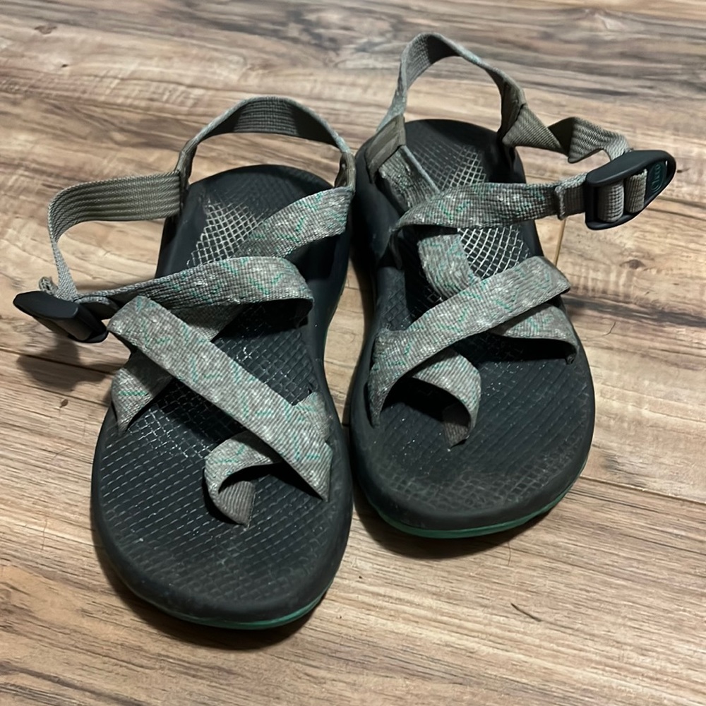 Green and grey chaco shoes